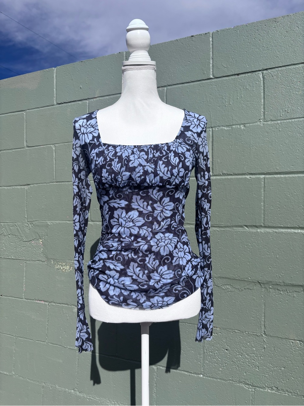 Y2K Women's Long-Sleeve Square Neck Floral Top - Blue